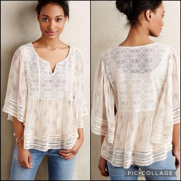 Anthro Meadow Rue Silk Crochet Lace Peasant Prairie Flutter Sleeve Blouse - Picture 1 of 7